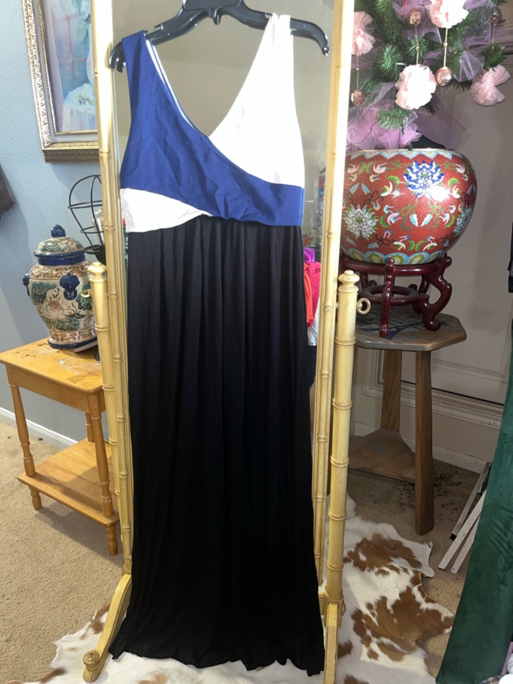 MaEVEColorblock One-Shoulder Maxi Dress in Black, Blue & White